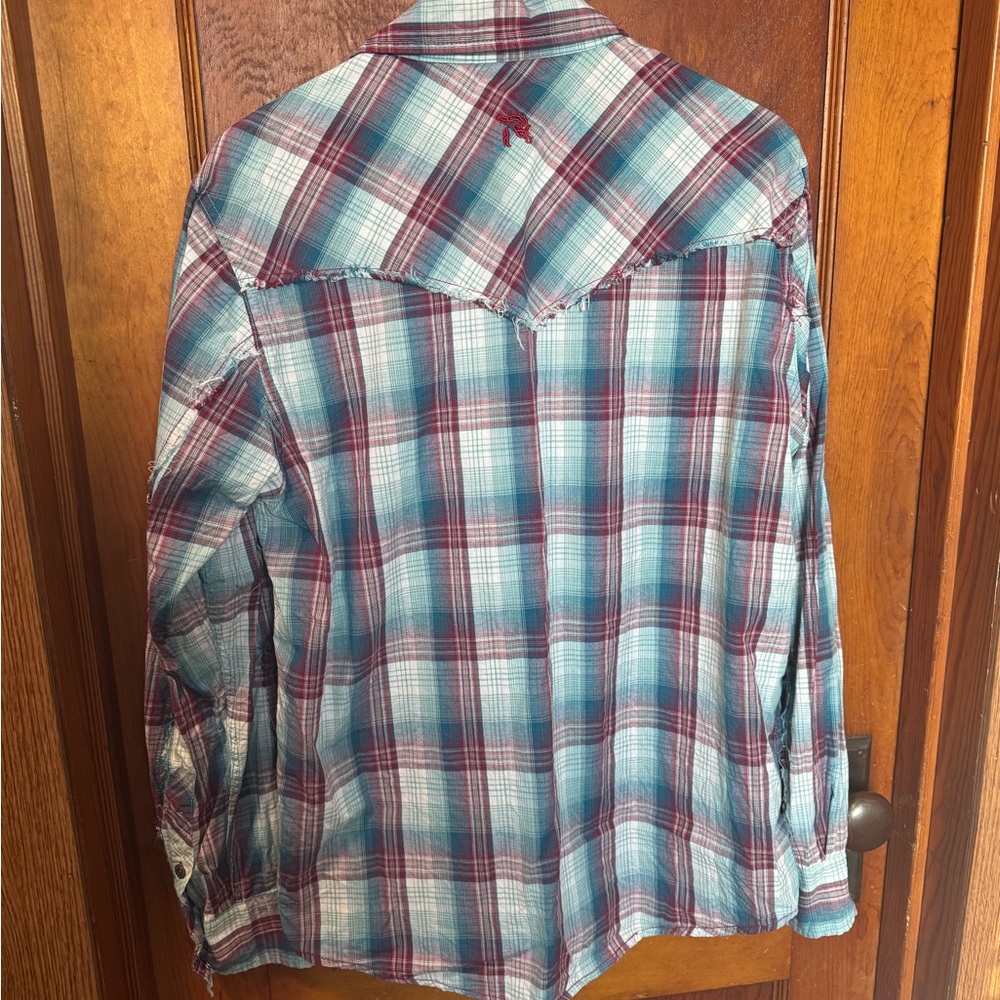 Southern Thread Button Up Pearl Snap Men’s Medium Red Blue Plaid Western Country - Picture 4 of 8